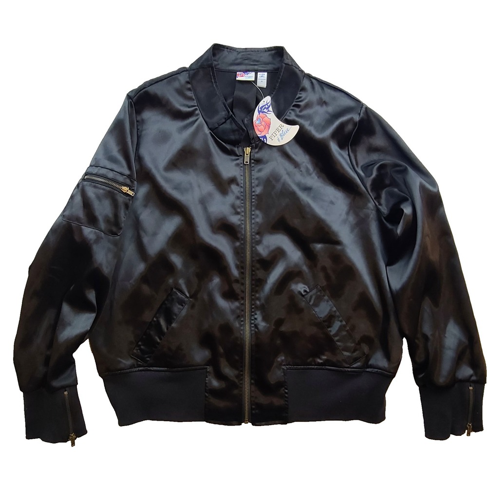 Piper & Blue Juniors Plus 2X Black Satin Bomber Jacket Zip Sleeve NWT